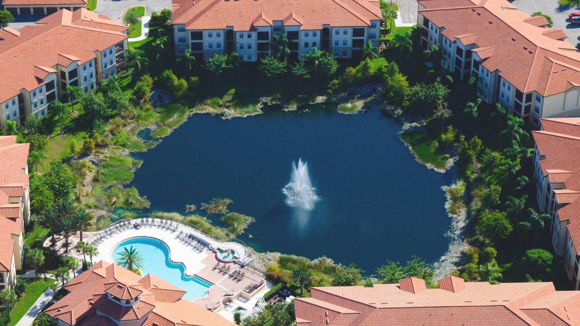 Aerial view of senior living community with apartments and amenities